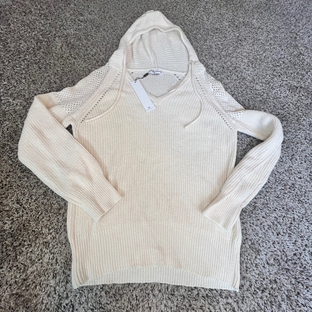 VIGOSS Cream Knit V-Neck Hooded Sweater‎ Mesh Sleeves Size L